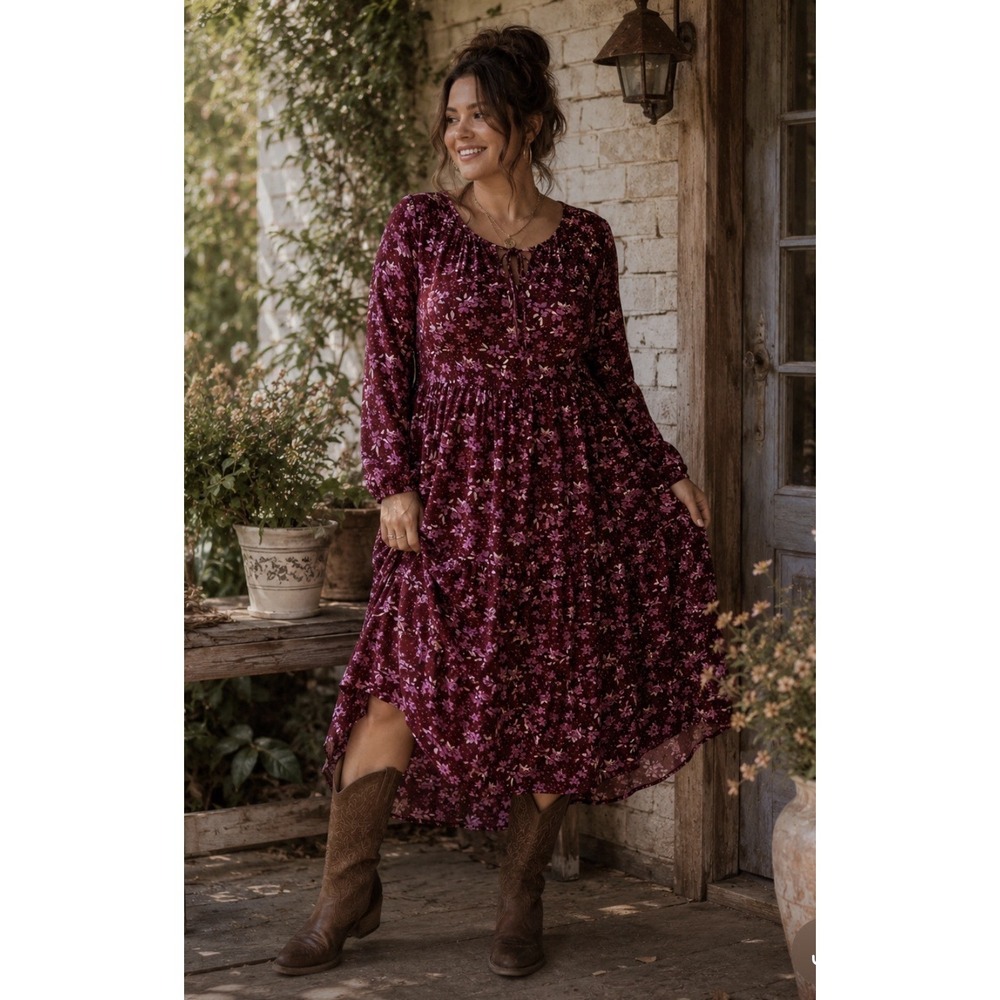Free People Tiers of Joy Long Sleeve Prairie Midi Dress Boho Peasant L
